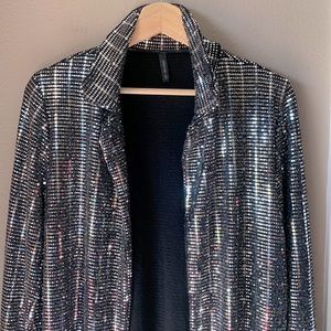 Glitter Disco Silver Long Sleeve Collared Open Jacket
